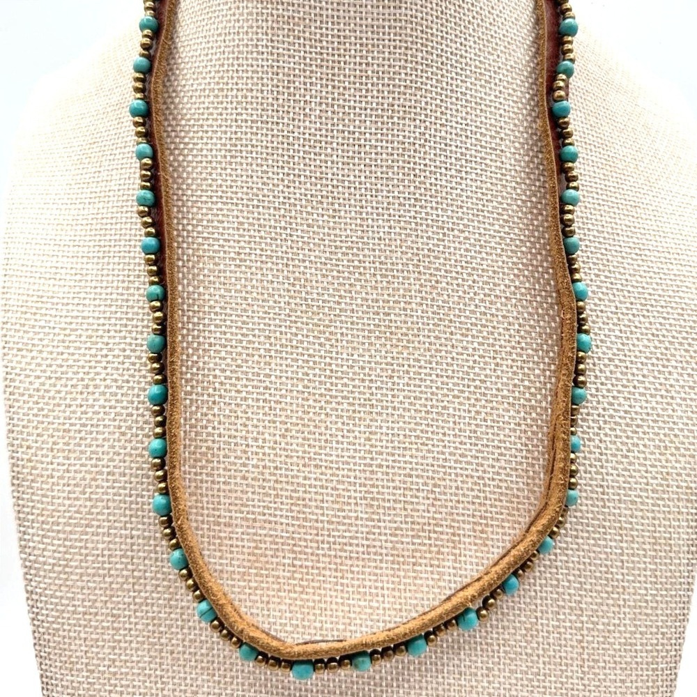 Vintage 90s Boho Leather Turquoise Beaded Necklace Women's Classic Retro Jewelry
